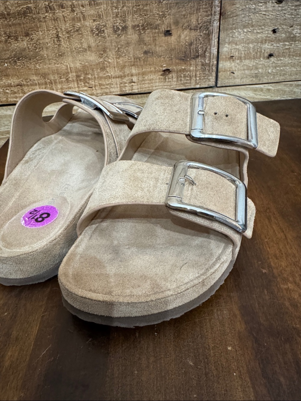 Madden Girl Double Buckle Suede Slide Sandals in Taupe - Picture 3 of 5